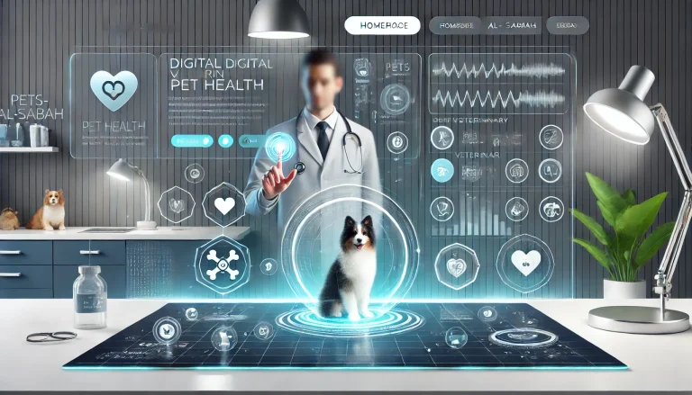 DALL·E 2025-03-13 06.30.38 - A stylish, modern homepage banner for 'Pets-Al-Sabah.' The image showcases a futuristic digital veterinary concept with a holographic pet health dashb