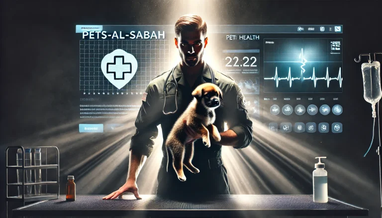 DALL·E 2025-03-13 06.31.00 - A cinematic and dramatic homepage banner for 'Pets-Al-Sabah.' The image features a heroic veterinarian in a spotlight, holding a small injured puppy w