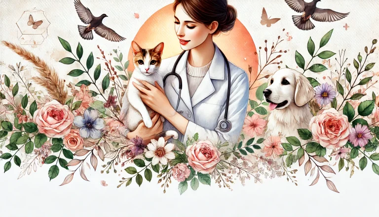 DALL·E 2025-03-13 06.31.05 - A watercolor-style homepage banner for 'Pets-Al-Sabah.' The image features a beautiful hand-painted illustration of a veterinarian gently holding a ca