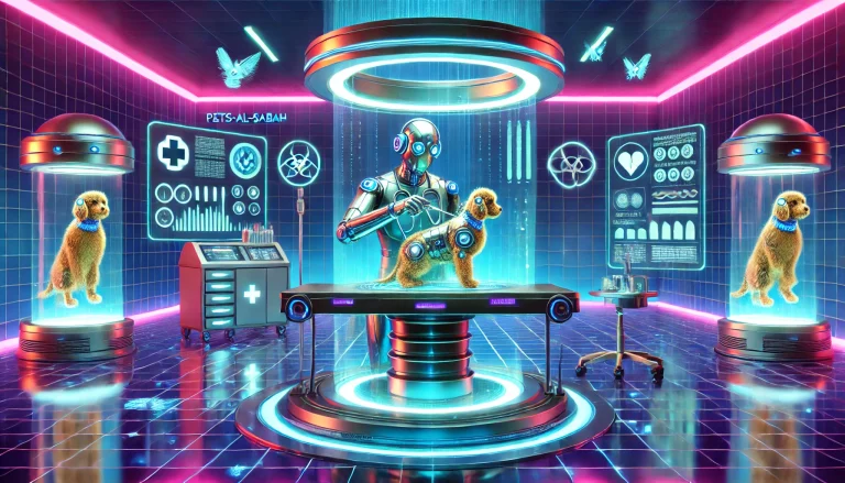 DALL·E 2025-03-13 06.31.10 - A futuristic cyberpunk-style homepage banner for 'Pets-Al-Sabah.' The image features a high-tech veterinary lab with neon lighting, holographic pet he